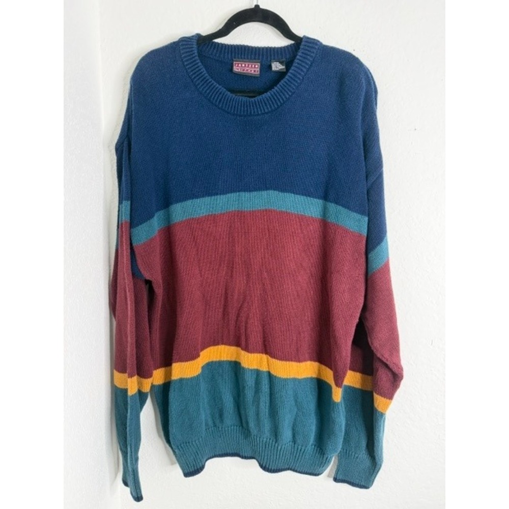 Vintage Jantzen Sport Mens Large Cotton Colorblock Striped Crewneck Sweater Blue